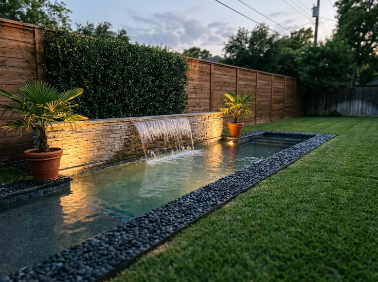 Narrow Lap Pool with Waterfall Wall